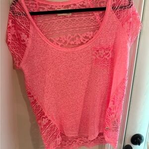 Hollister Pink Short Sleeve Blouse with Lace and Open-Laced Back